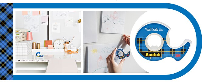 Ruban Scotch® Wall-Safe et exemples d'utilisation - couvrir les murs avec des œuvres d'art pour enfants et des notes de révision
