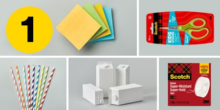 Étape 1 - fournitures nécessaires : Notes Post-it®, ciseaux pour enfant Scotch™, Ruban Super-Hold Scotch®, cartons de lait et pailles en papier
